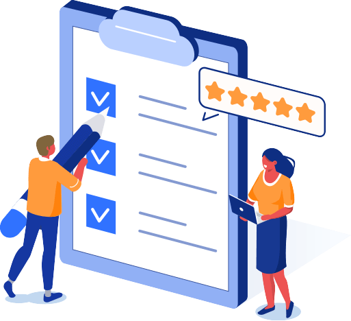 Illustration of check list showing person checking a comment and another posting a comment