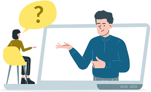Illustration of a support person talking to a client through a laptop screen