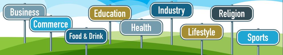 Illustration of landscape with signposts of various subject categories