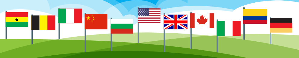 Illustration of landscape with a variety of country flags
