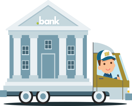 image showing a moving truck carrying a bank building