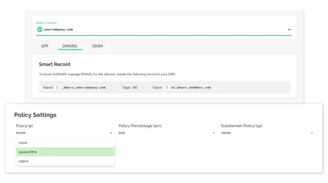 Screenshot of DMARC settings