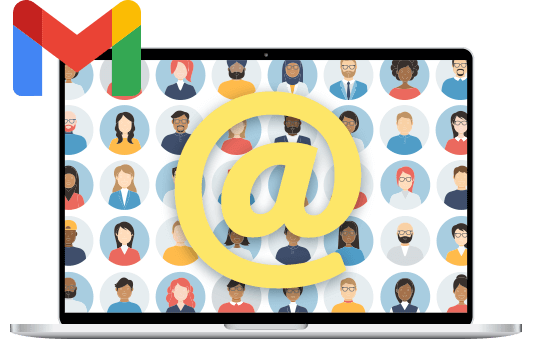 Illustration of various profile images on a computer screen under an at sign
