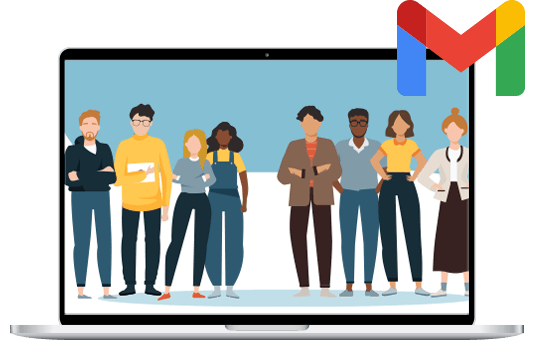 Illustration of a group of standing people on a laptop screen