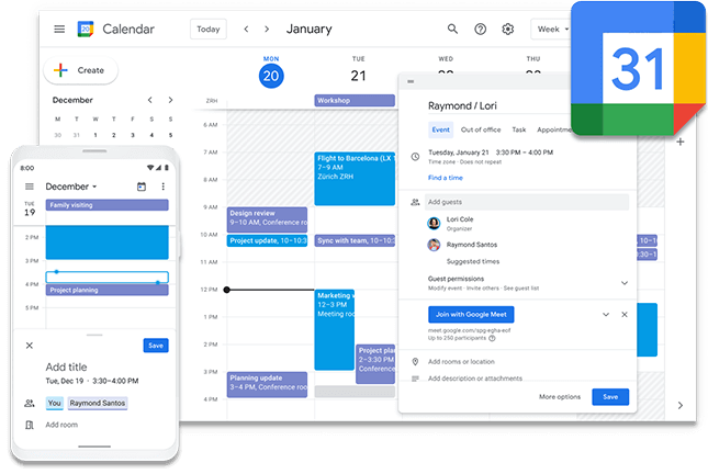 Google Calendar screenshot on desktop and mobile devices